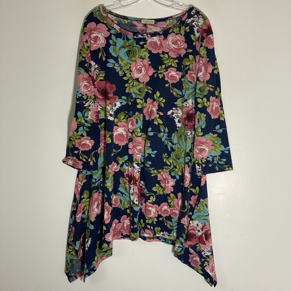 Nuggles Top‎ Women XXXL Blue Pink Floral Modest Stretch Casual 3/4 Sharkbite Hem